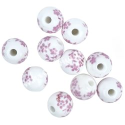   Porcelángyöngy kerek, fehér, rózsaszín virág mintával, 10 mm, 10 db/csomag