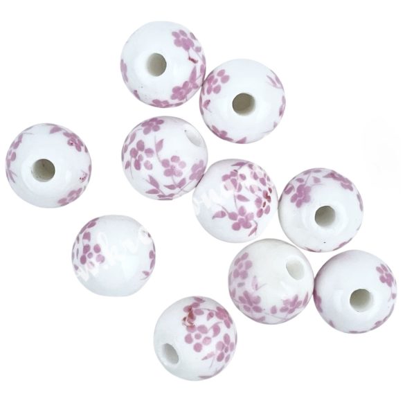 Porcelángyöngy kerek, fehér, rózsaszín virág mintával, 10 mm, 10 db/csomag