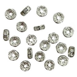 Rondella, 6 strasszal, ezüst, 8 mm, 20 db/csomag