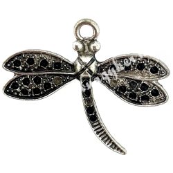  Strasszolható fémmedál, szitakötő, platina, 34x2x29 mm, 5 db/csomag