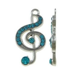 Fémmedál, violinkulcs, 15x28x3mm, aquamarine, 5 db/csomag