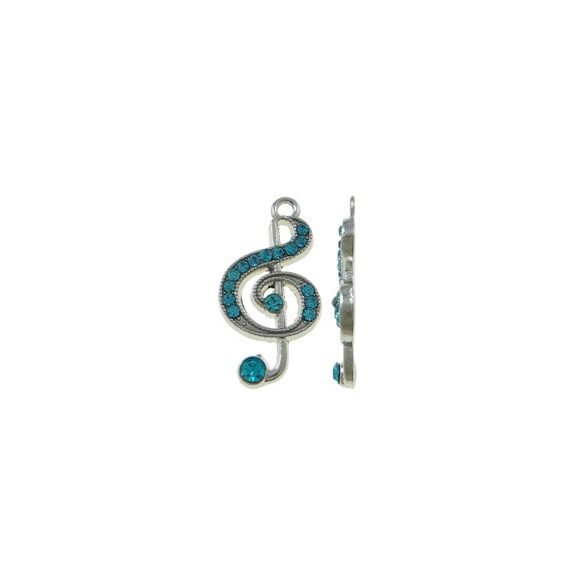 Fémmedál, violinkulcs, 15x28x3mm, aquamarine, 5 db/csomag