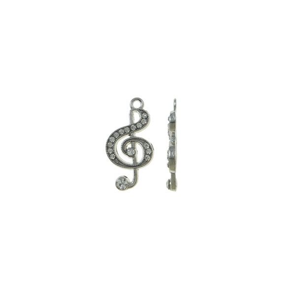 Fémmedál, violinkulcs, 15x28x3mm, crystal, 5 db/csomag