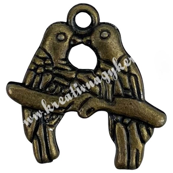 Fémmedál, madarak, antikréz, 18x2x20 mm, 10 db/csomag