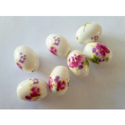   Porcelán gyöngy ovális, lila virág mintával 18x12mm, 10db/csomag