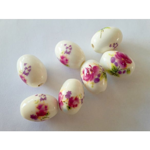 Porcelán gyöngy ovális, lila virág mintával 18x12mm, 10db/csomag