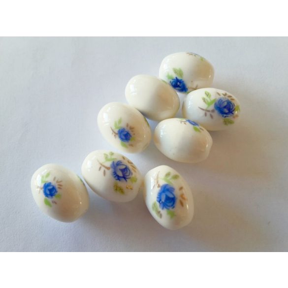 Porcelán gyöngy ovális, kék virág mintával 18x12mm, 10db/csomag