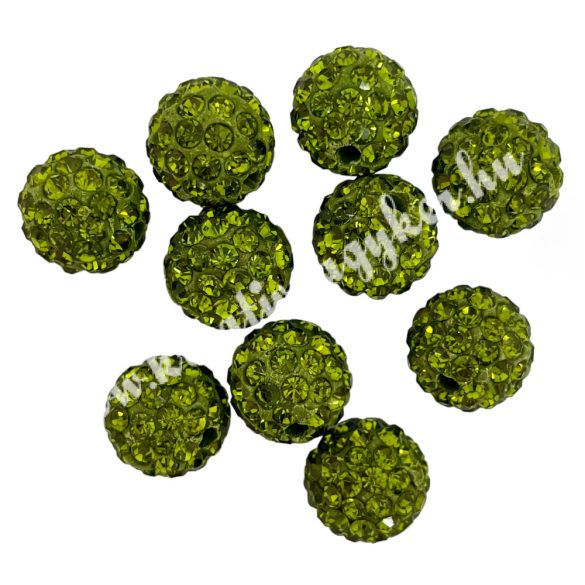 Kristály shamballa, 10mm, olive green, 10 db/csomag