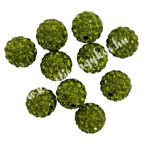 Kristály shamballa, olive green, 10 mm, 10 db/csomag